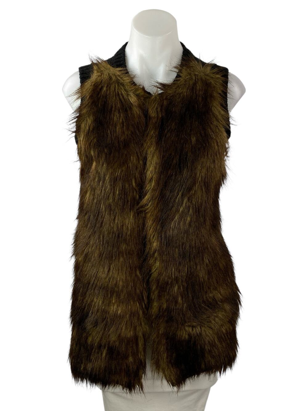 H&M Women's Brown Faux Fur Sleeveless Tunic Sweater Vest Coat Jacket Size XS